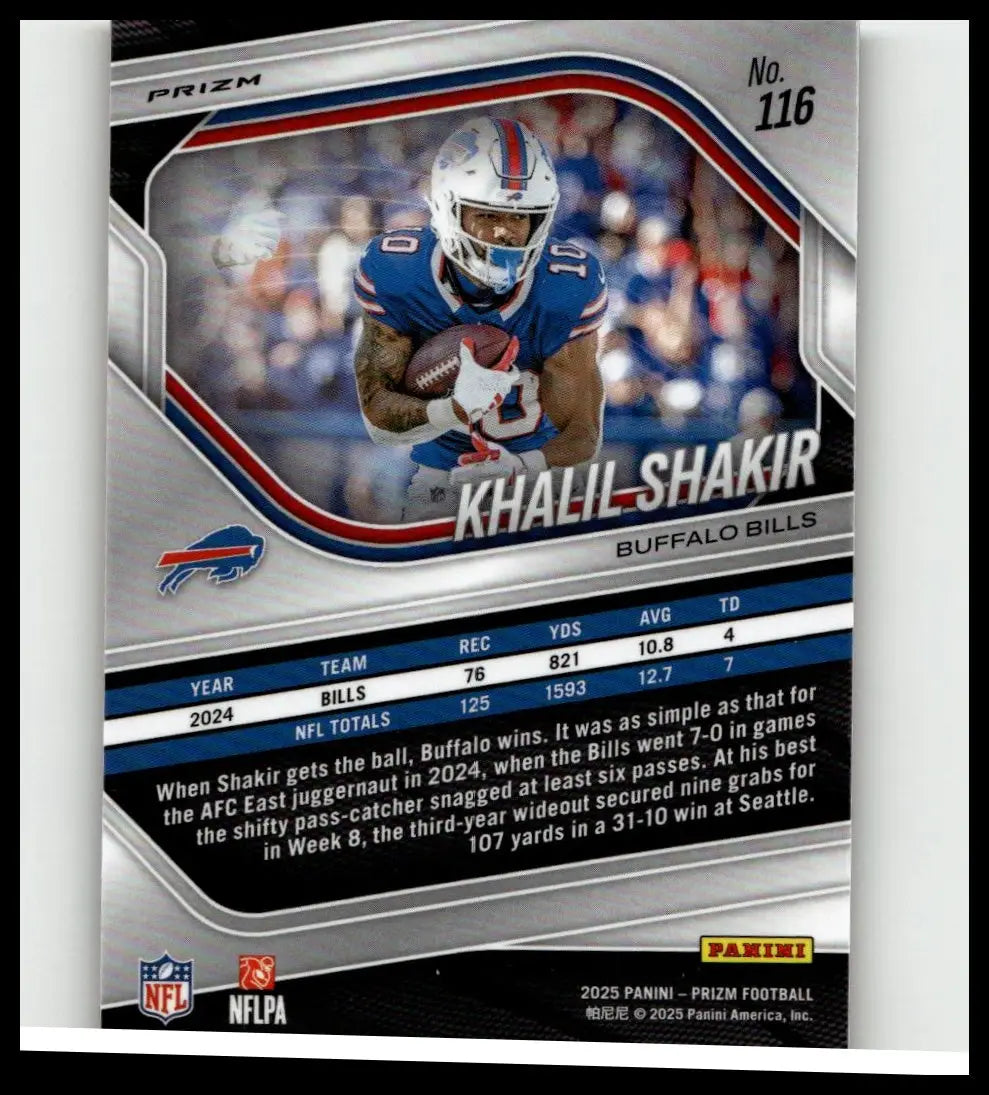 Silver and blue buffalo bills football trading card featuring khalil shakir in his team uniform from 2025 panini prizm #116 khalil shakir orange ice