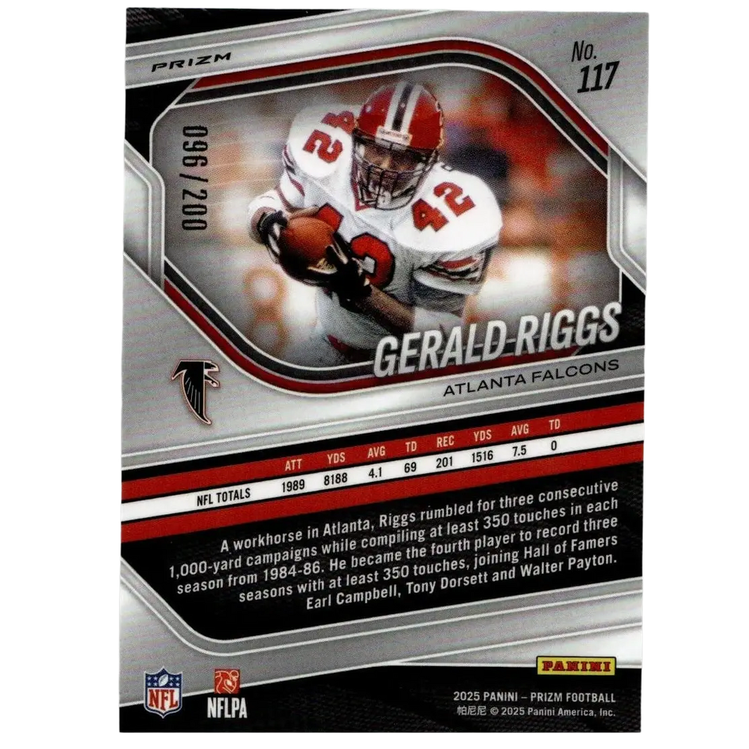 Silver and red 2025 panini prizm football trading card featuring gerald riggs hyper in atlanta falcons uniform