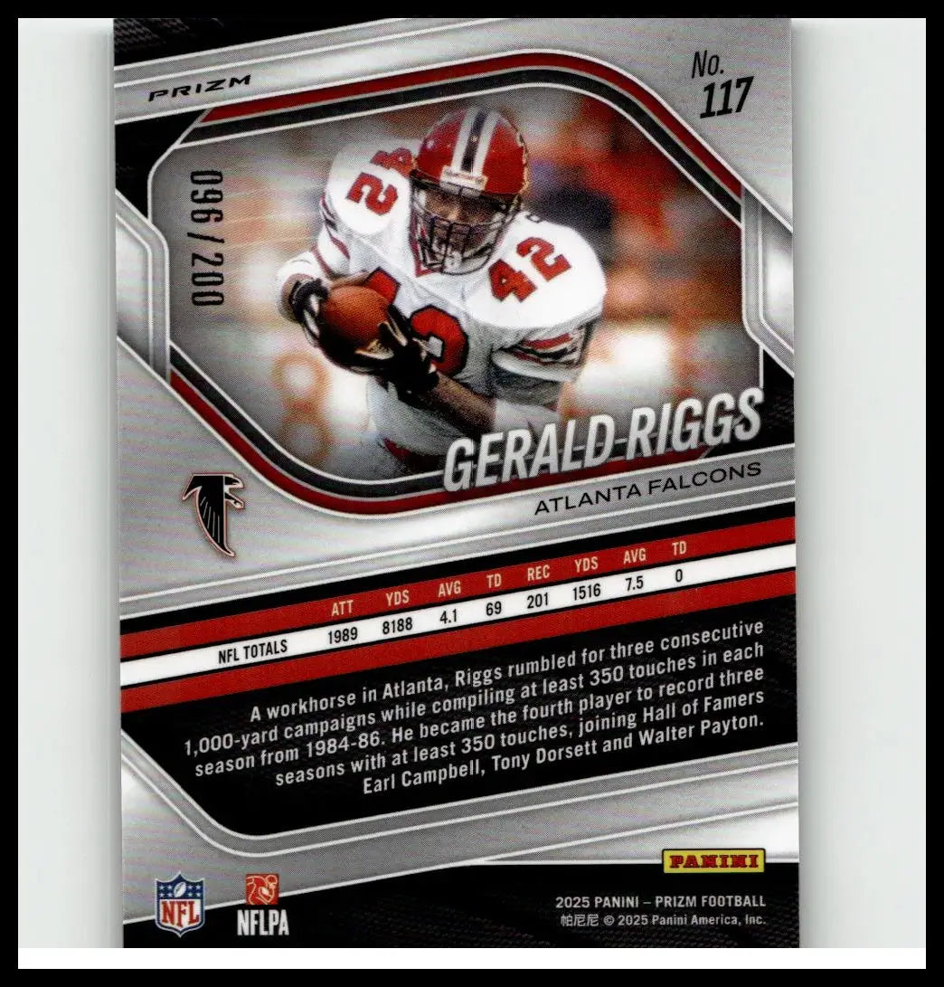 Silver and red 2025 panini prizm #117 gerald riggs hyper football trading card in atlanta falcons uniform