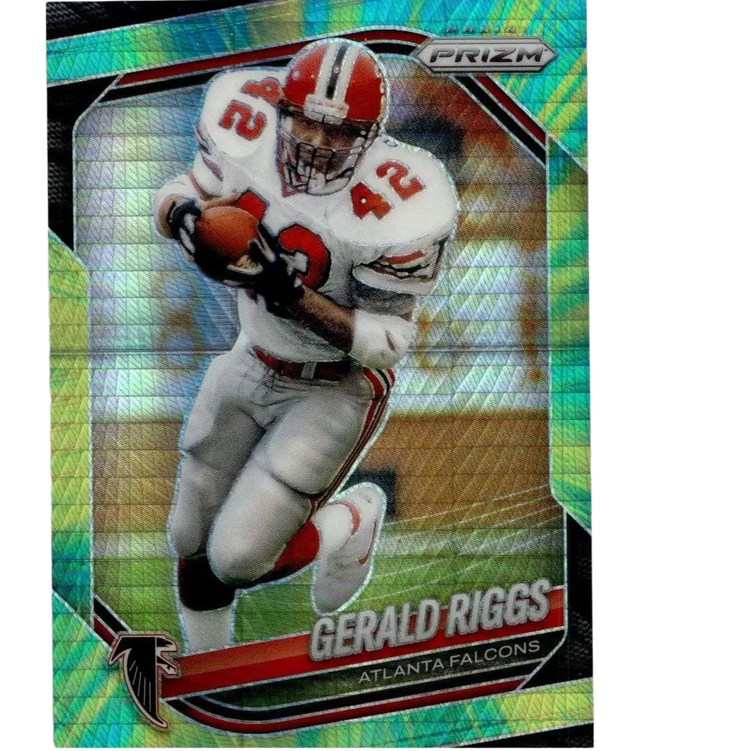 A vibrant green and blue iridescent 2025 panini prizm gerald riggs hyper football trading card in atlanta falcons uniform