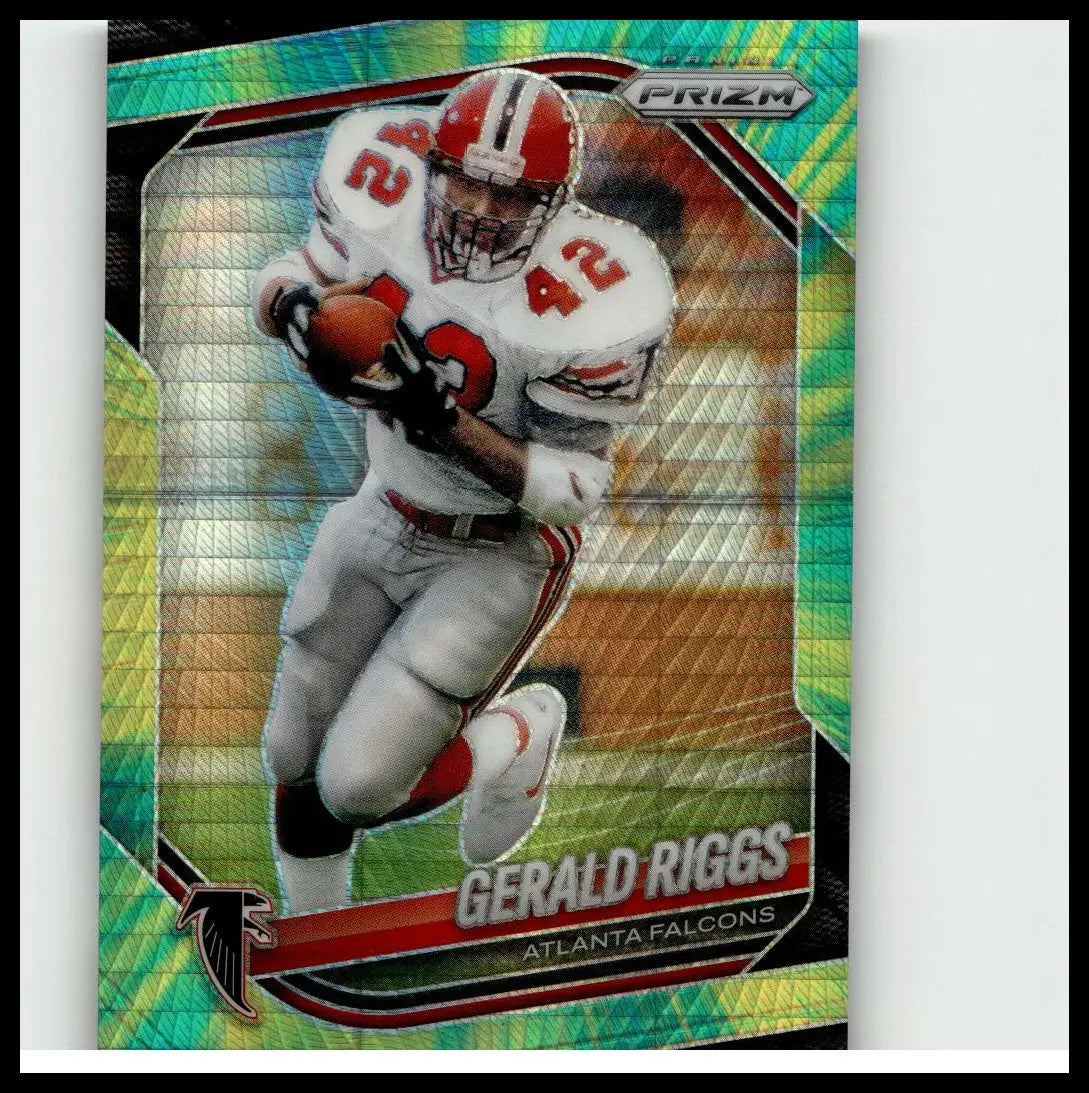 A vibrant green and blue iridescent 2025 panini prizm gerald riggs hyper football trading card numbered 117 of 200
