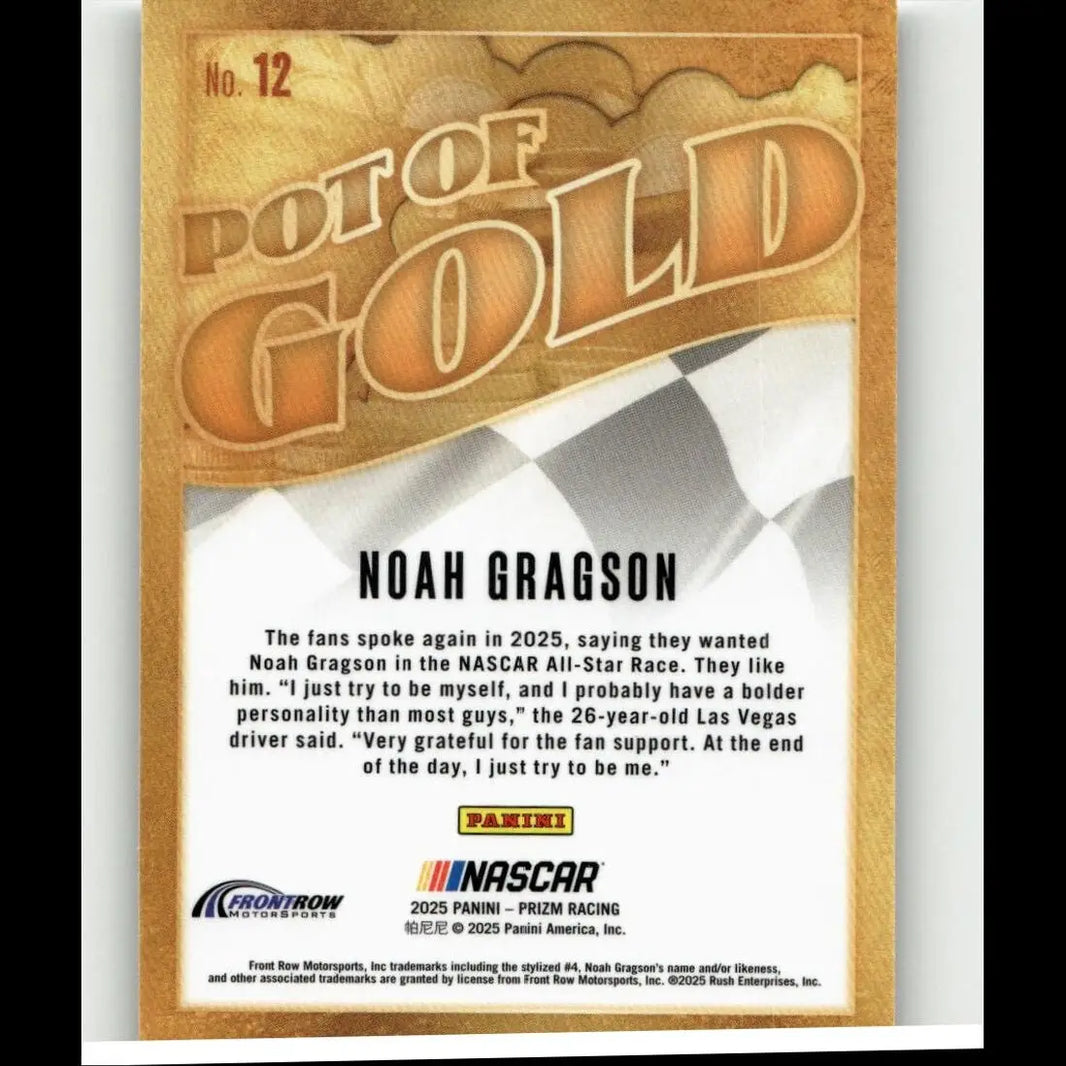 Gold-colored 2025 panini prizm pot of gold trading card featuring nascar driver noah gragson noah gragson pot