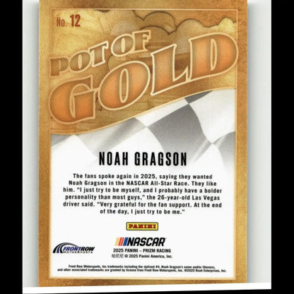 Gold-colored 2025 panini prizm pot of gold trading card featuring nascar driver noah gragson noah gragson pot