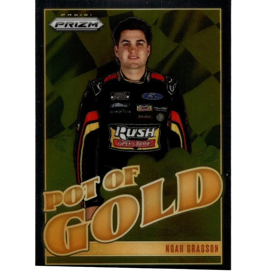 2025 panini prizm noah gragson pot of gold trading card featuring nascar driver in black red and yellow racing suit