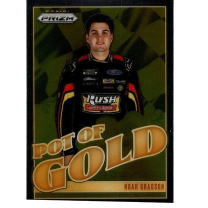 2025 panini prizm noah gragson pot of gold trading card featuring nascar driver in black red and yellow racing suit