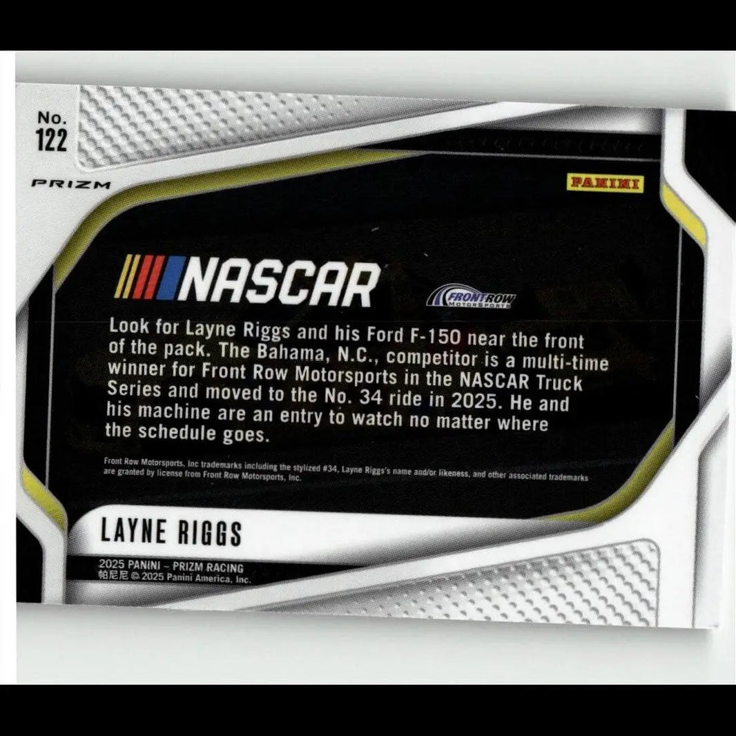 Black and silver 2025 panini prizm silver prizm nascar trading card featuring layne riggs with textured white border and ford f-150 details