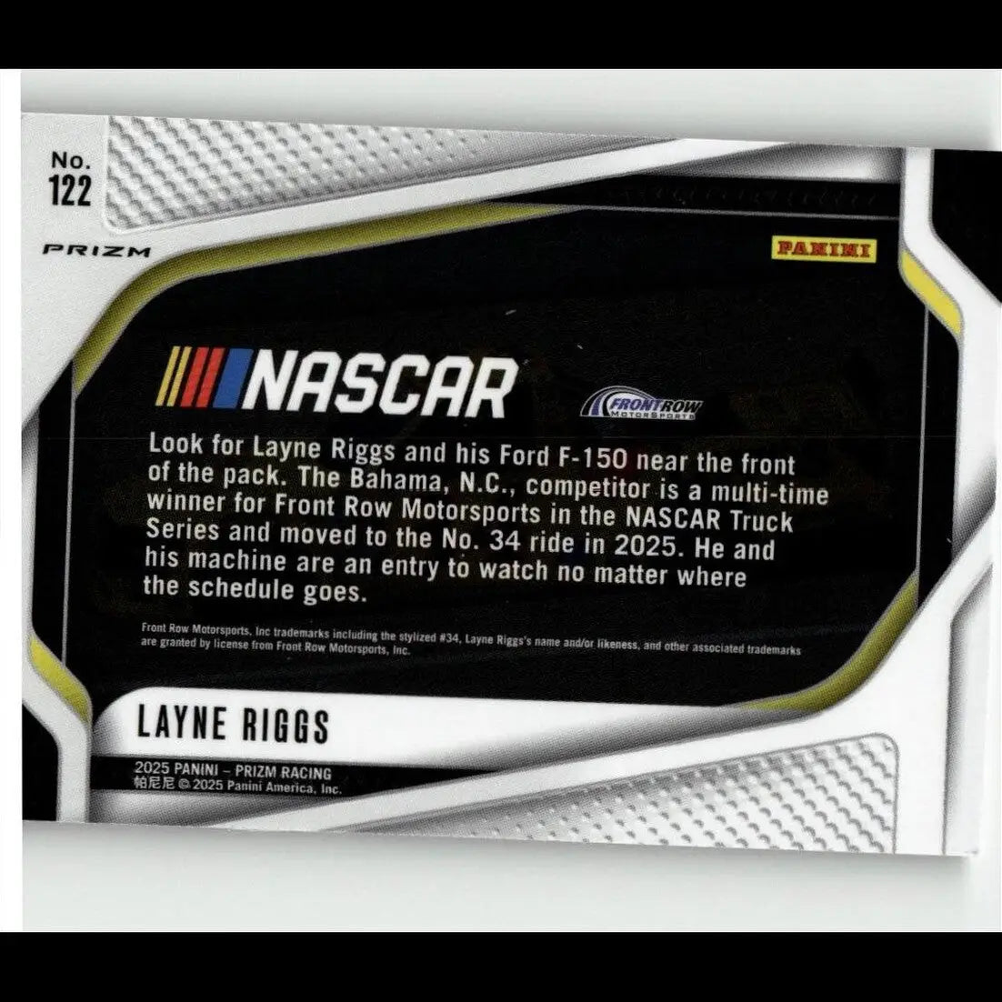 Black and silver 2025 panini prizm silver prizm nascar trading card featuring layne riggs with textured white border and ford f-150 details