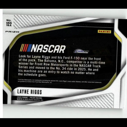Black and silver 2025 panini prizm silver prizm nascar trading card featuring layne riggs with textured white border and ford f-150 details