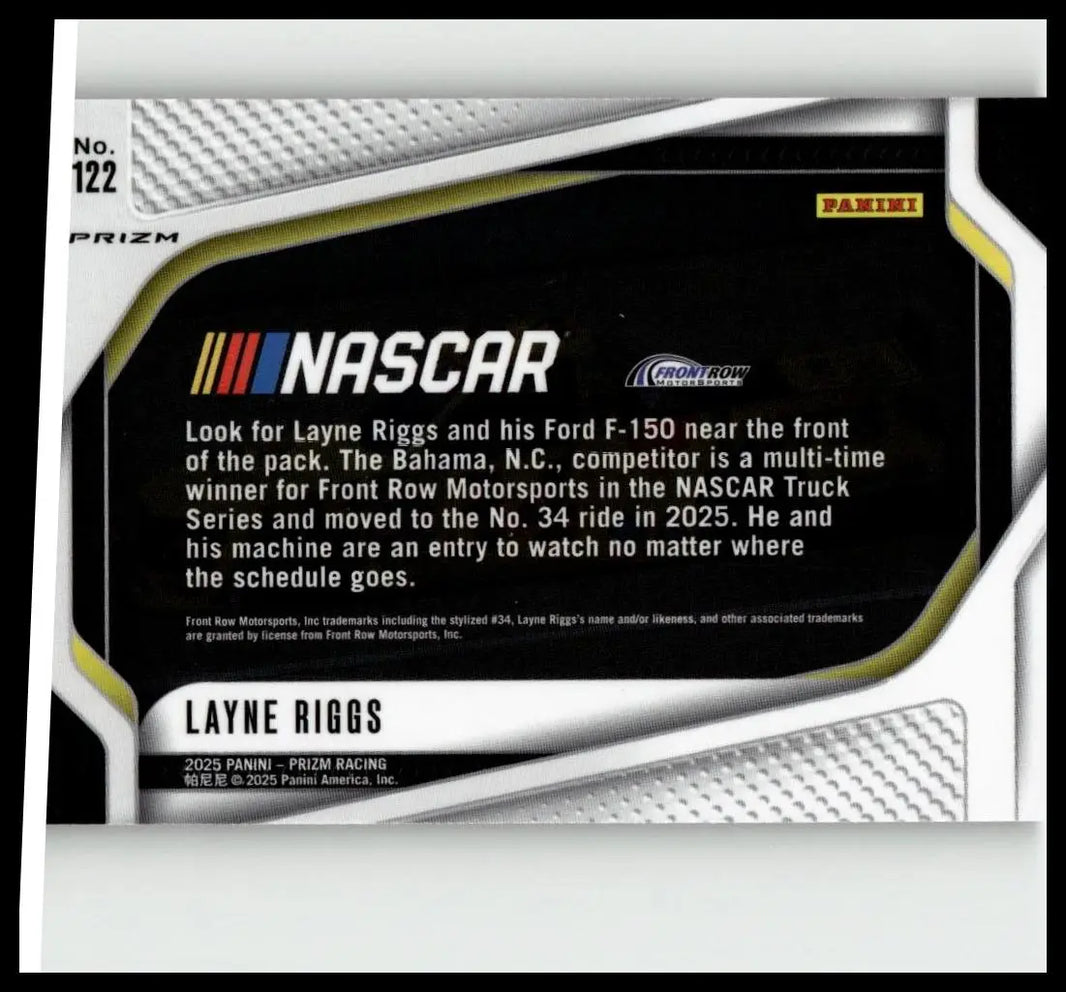 Black and silver nascar layne riggs trading card with textured metallic border from 2025 panini prizm silver series