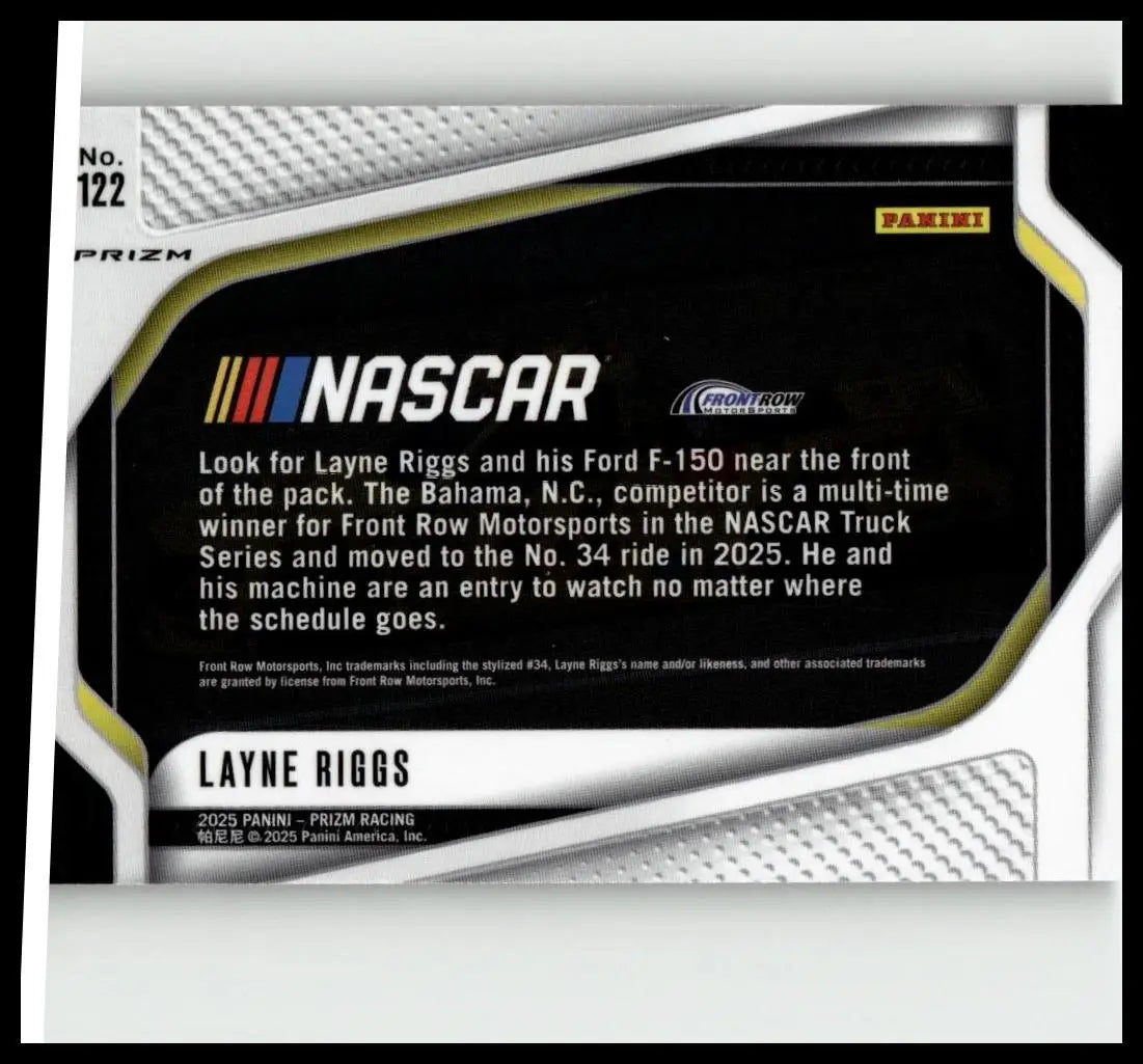 Black and silver nascar layne riggs trading card with textured metallic border from 2025 panini prizm silver series