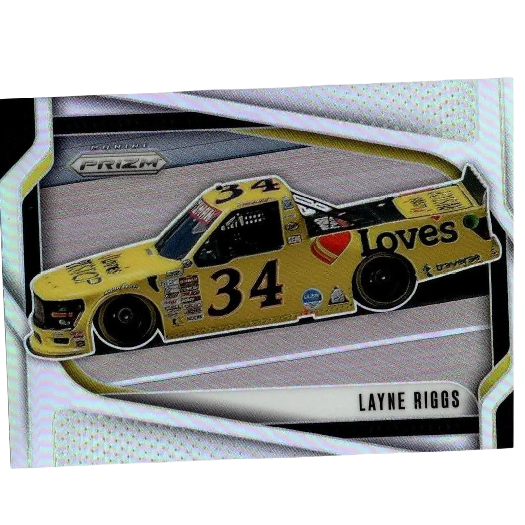 2025 panini prizm silver prizm card featuring layne riggs in yellow and black number 34 loves nascar truck design