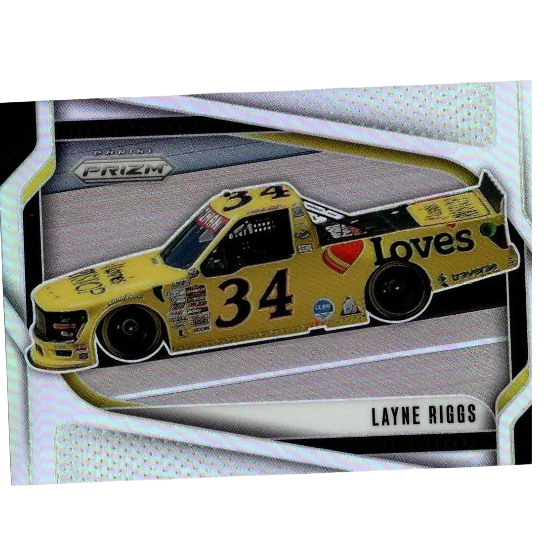2025 panini prizm silver prizm card featuring layne riggs in yellow and black number 34 loves nascar truck design