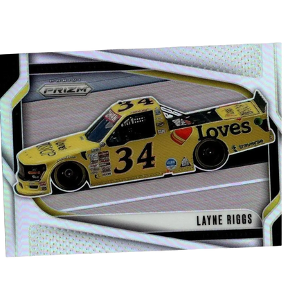 2025 panini prizm silver prizm card featuring layne riggs in yellow and black number 34 loves nascar truck design