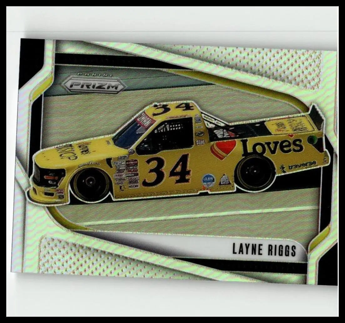 2025 Panini Prizm #122 Layne Riggs silver yellow NASCAR truck card with number 34 loves branding and reflective prizm finish