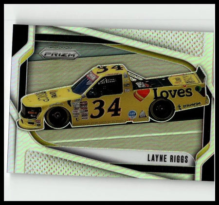 2025 Panini Prizm #122 Layne Riggs silver yellow NASCAR truck card with number 34 loves branding and reflective prizm finish