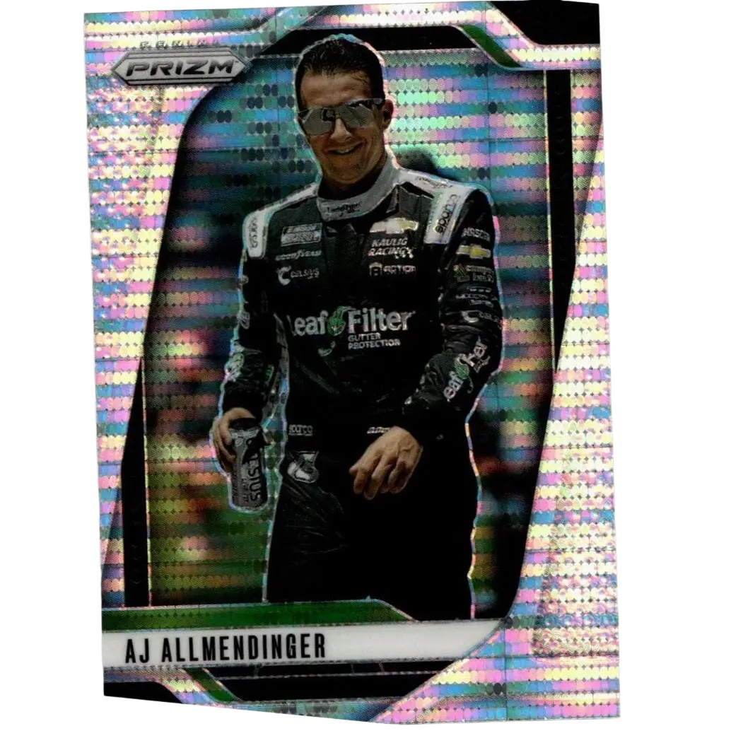 A shimmering holographic panini prizm allmendinger pulsar trading card in black racing suit with prismatic background