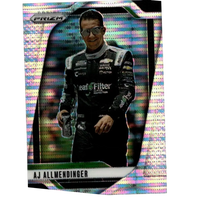 A shimmering holographic panini prizm allmendinger pulsar trading card in black racing suit with prismatic background