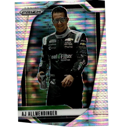 A shimmering holographic panini prizm allmendinger pulsar trading card in black racing suit with prismatic background