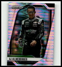 A shimmering holographic 2025 panini prizm aj allmendinger pulsar trading card with iridescent pink and blue background