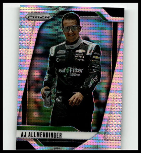 A shimmering holographic 2025 panini prizm aj allmendinger pulsar trading card with iridescent pink and blue background