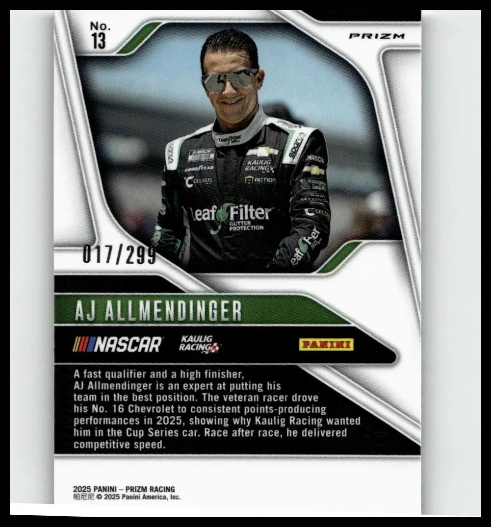 2025 panini prizm aj allmendinger pulsar trading card featuring black and white racing suit with sponsor logos