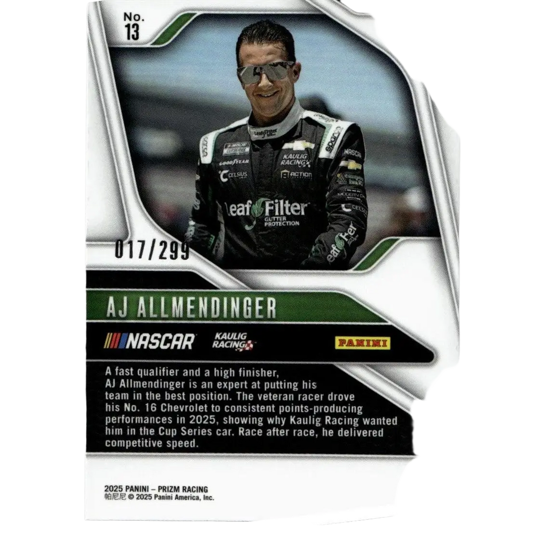 2025 panini prizm #13 aj allmendinger pulsar trading card featuring black and white racing suit with sponsor logos