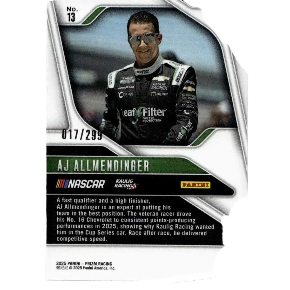 2025 panini prizm #13 aj allmendinger pulsar trading card featuring black and white racing suit with sponsor logos