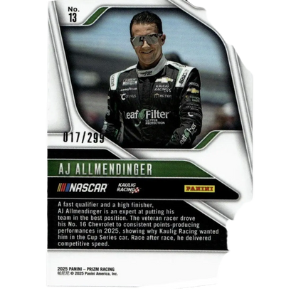 2025 panini prizm #13 aj allmendinger pulsar trading card featuring black and white racing suit with sponsor logos
