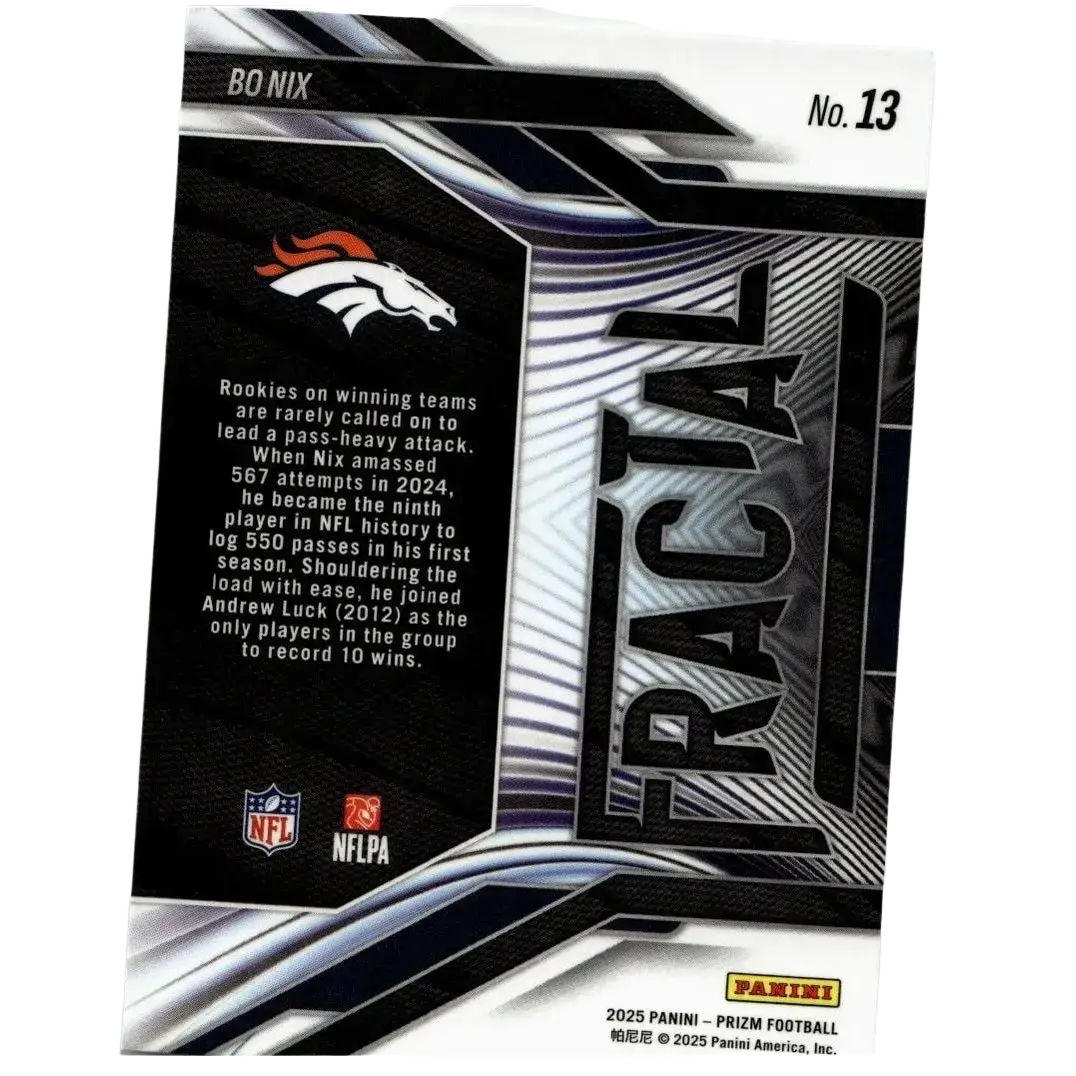 Black and silver fractal panini prizm trading card featuring denver broncos logo numbered 13 bo nix fractal