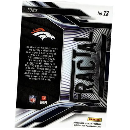 Black and silver fractal panini prizm trading card featuring denver broncos logo numbered 13 bo nix fractal