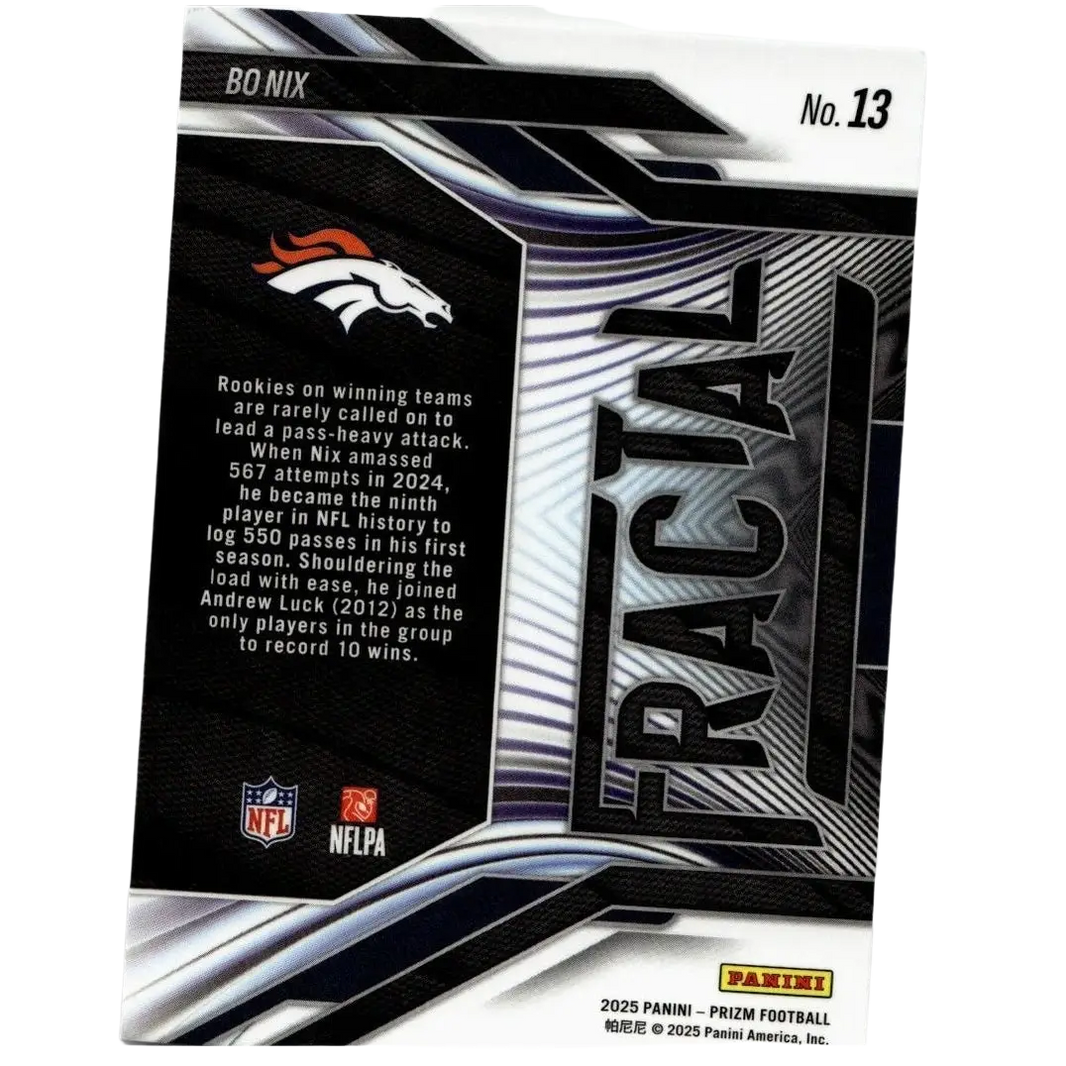 Black and silver panini prizm nix fractal trading card featuring Denver Broncos logo numbered 13 of Bo Nix