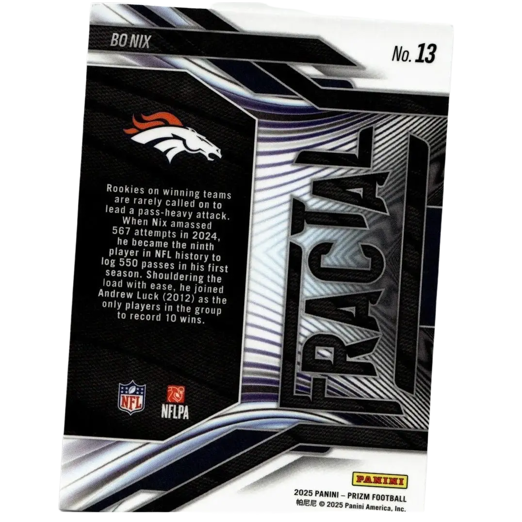 Black and silver panini prizm nix fractal trading card featuring Denver Broncos logo numbered 13 of Bo Nix