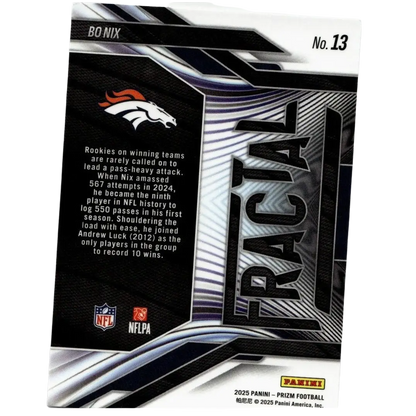 Black and silver panini prizm nix fractal trading card featuring Denver Broncos logo numbered 13 of Bo Nix