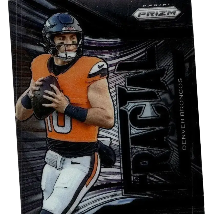 Orange and black denver broncos football jersey with white number 10 worn by player in full gear panini prizm nix fractal