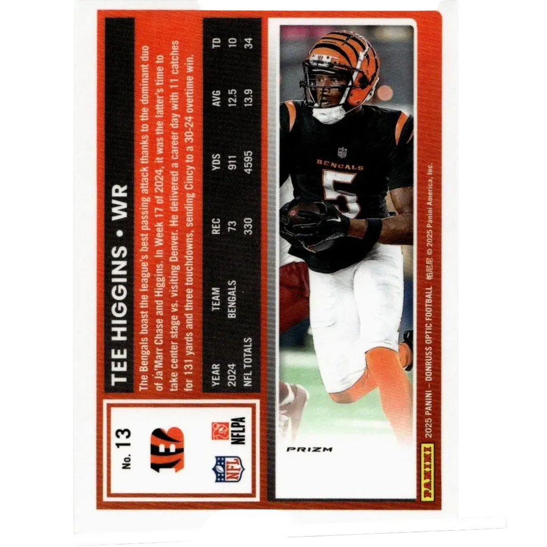 2025 panini prizm football trading card featuring tee higgins in cincinnati bengals uniform action figure style