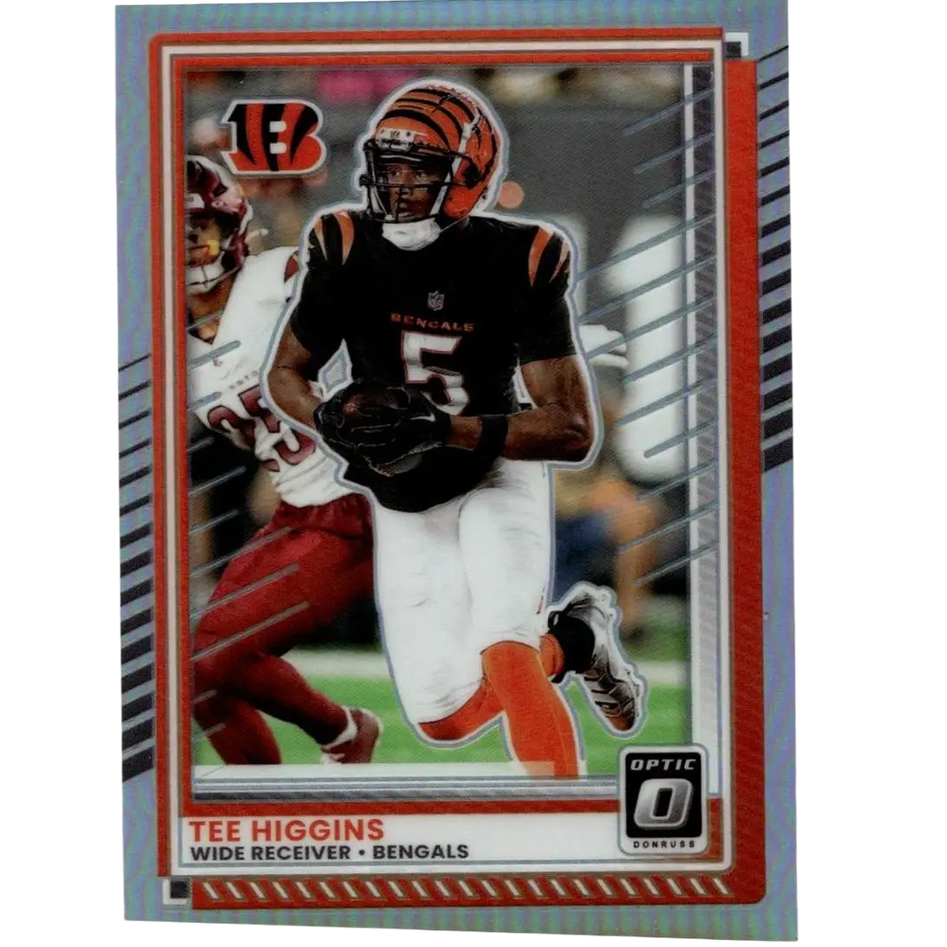 2025 panini prizm #13 football trading card featuring tee higgins in orange and black bengals uniform helmet
