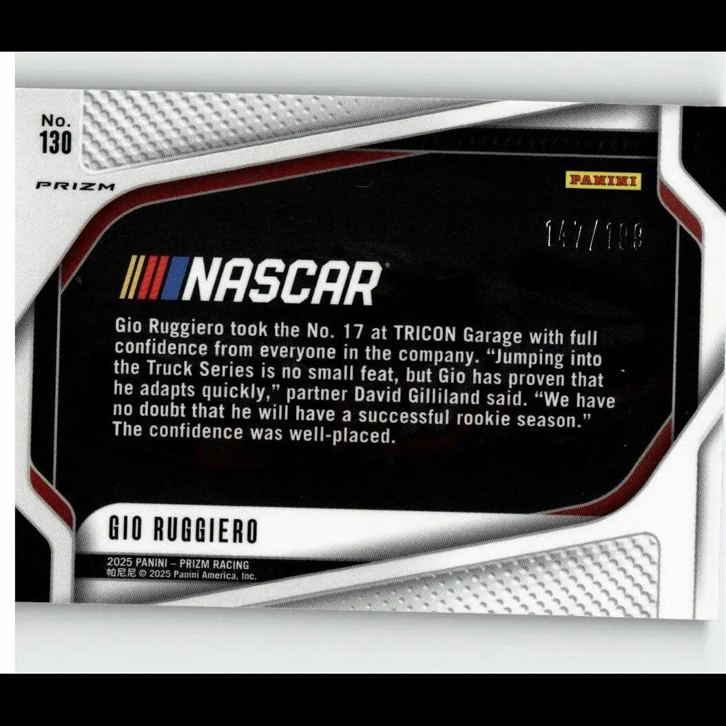 Black and silver nascar trading card of gio ruggiero blue from 2025 panini prizm racing series numbered 199