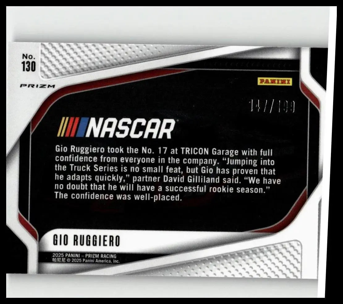 Black and silver panini prizm 2025 nascar trading card featuring gio ruggiero blue with prizm finish and limited edition numbering