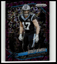 A shiny holographic purple and black 2025 panini prizm josey jewell no huddle purple football trading card