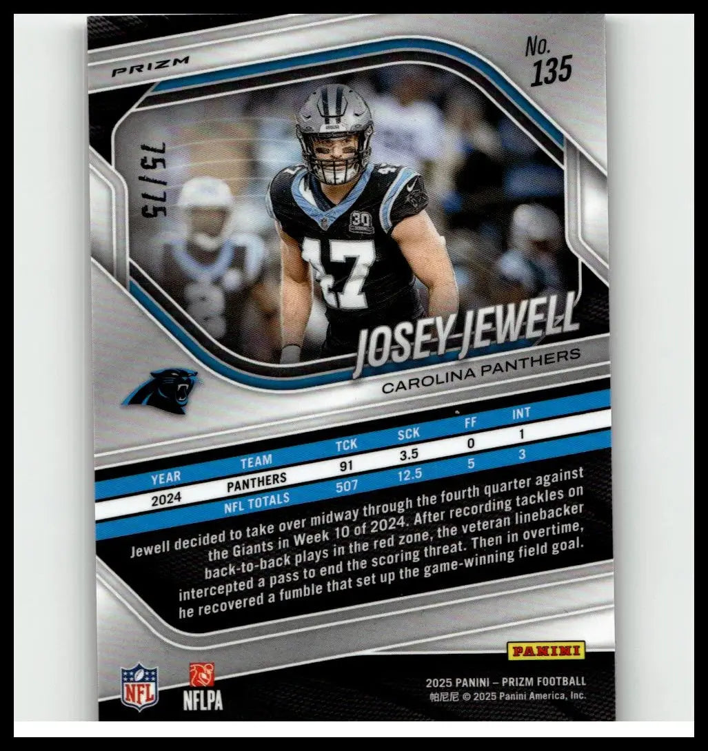 Silver and black carolina panthers football trading card of josey jewell 2025 panini prizm huddle purple limited edition