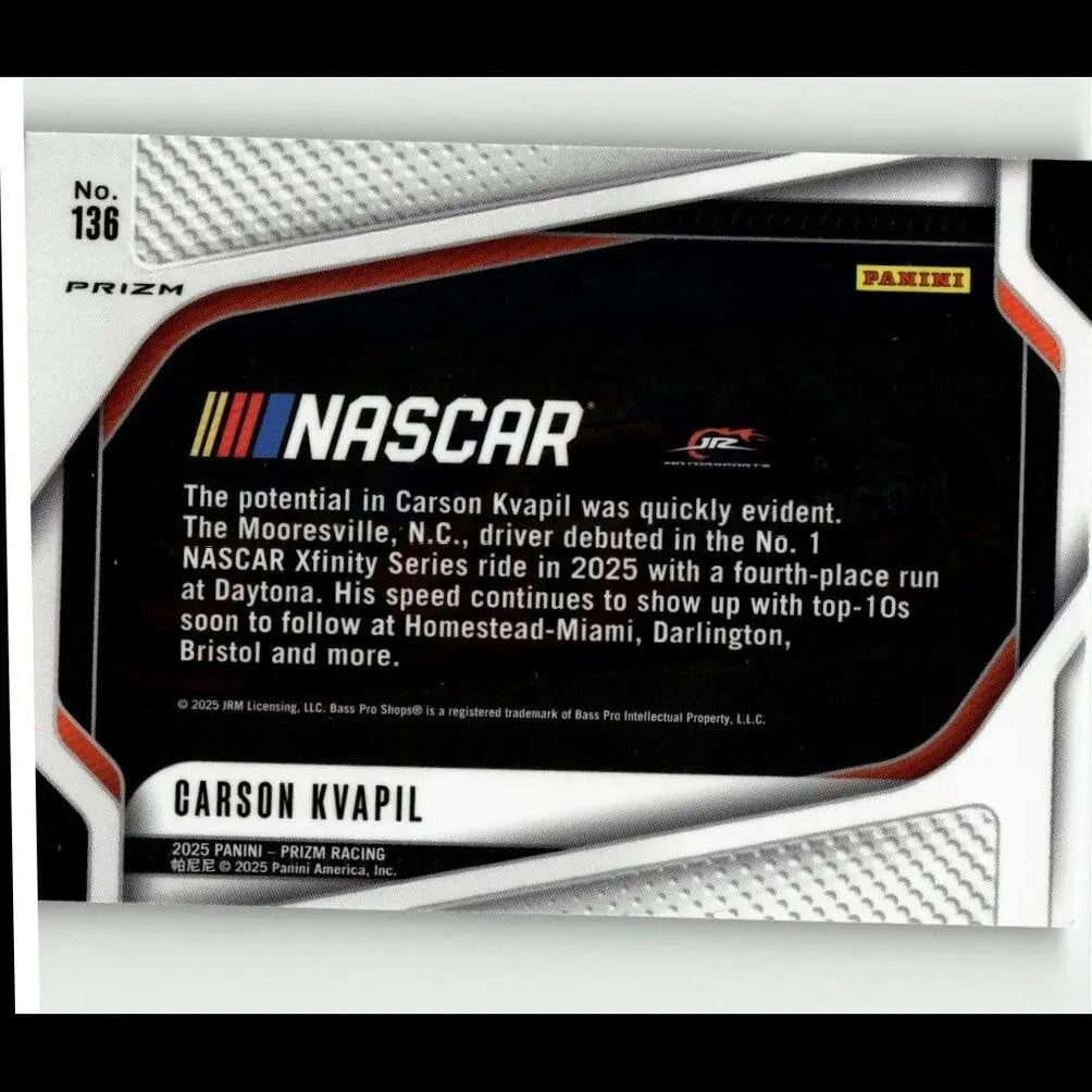 Black and silver panini prizm 2025 carson kvapil silver nascar trading card with red accents and season preview text