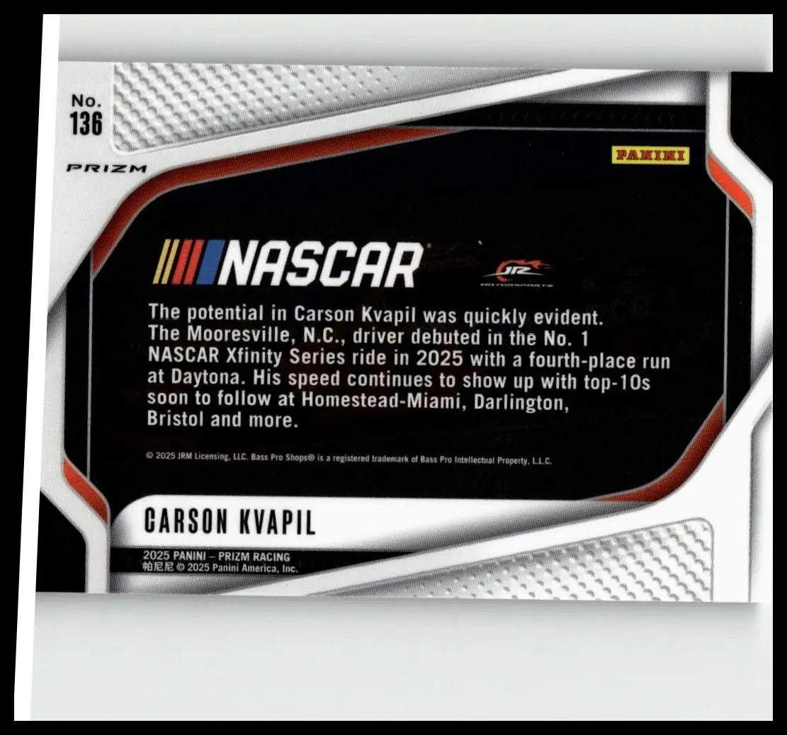 Black and silver nascar trading card with red accents featuring carson kvapil silver from 2025 panini prizm series