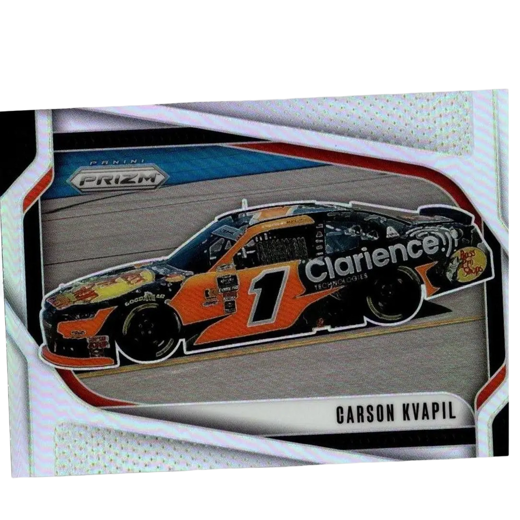 Orange and black nascar race car number 1 with clarence decals in 2025 panini prizm carson kvapil silver card