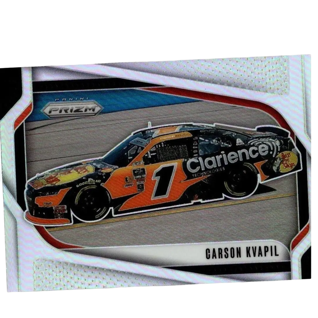Orange and black nascar race car number 1 with clarence decals in 2025 panini prizm carson kvapil silver card