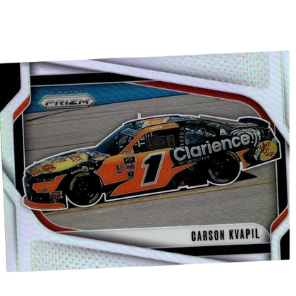 Orange and black nascar race car number 1 with clarence decals in 2025 panini prizm carson kvapil silver card
