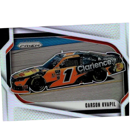 Orange and black nascar race car number 1 with clarence decals in 2025 panini prizm carson kvapil silver card