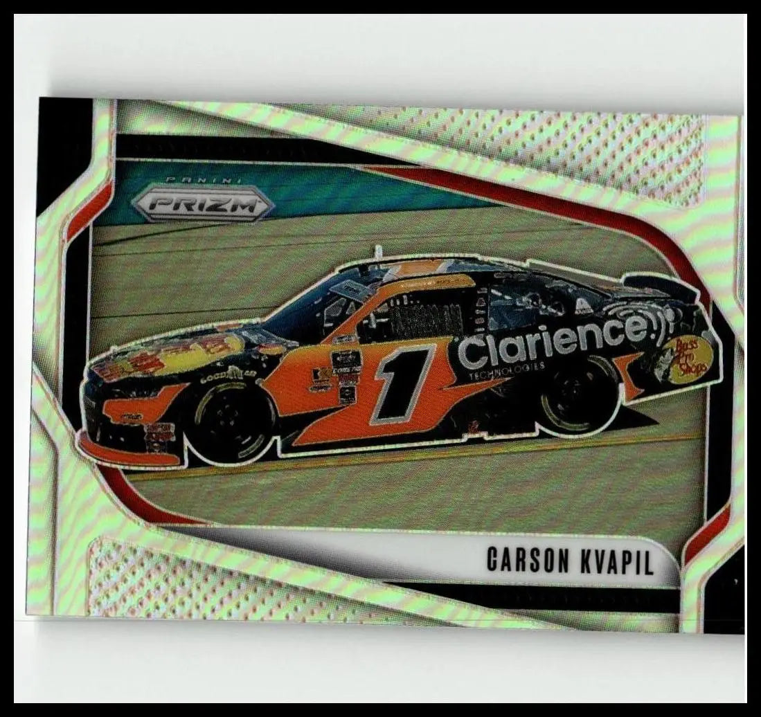 2025 panini prizm #136 carson kvapil silver trading card featuring orange and black nascar car sponsored by clarence technologies