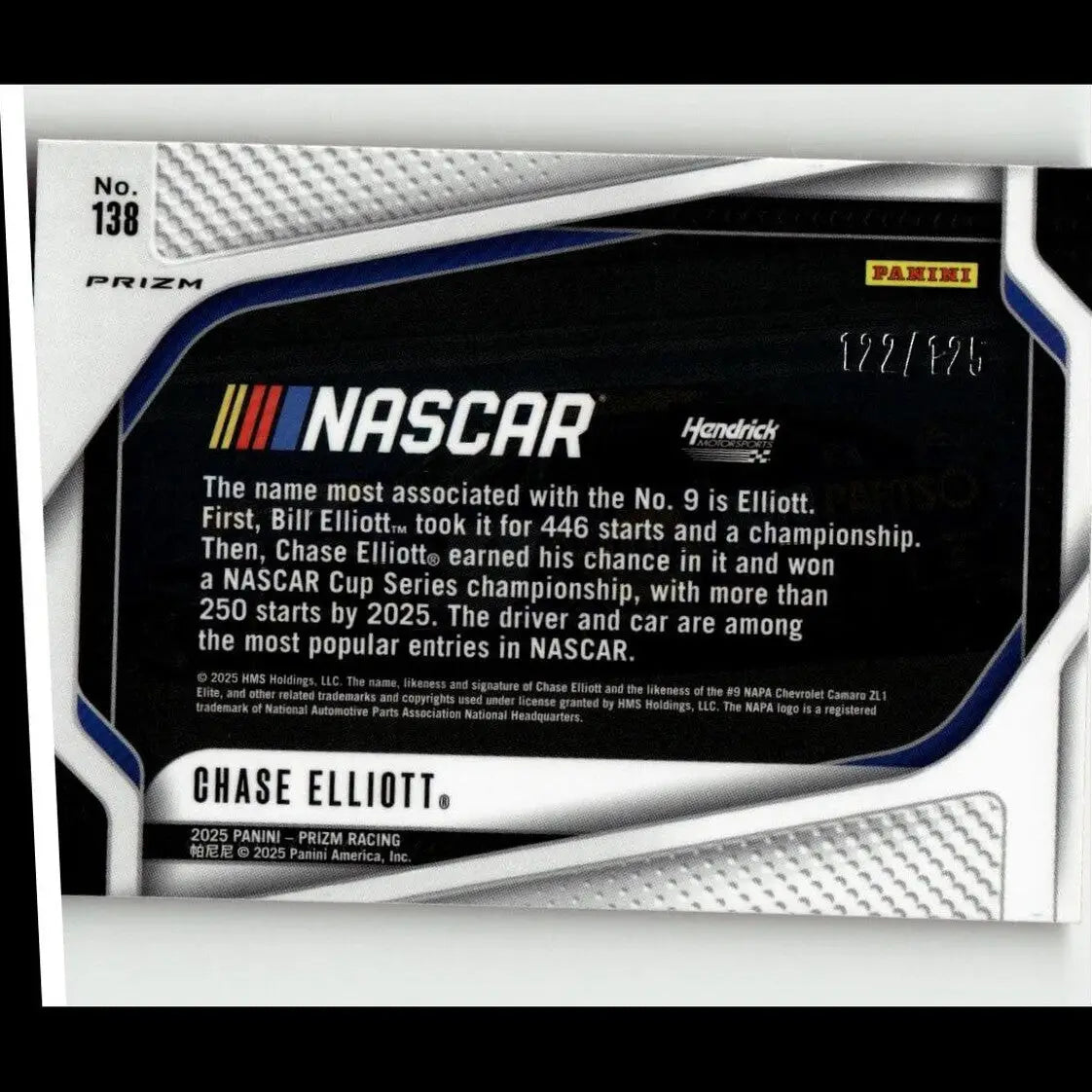 Black and silver chase elliott orange wave panini prizm trading card with textured metallic finish and blue accents
