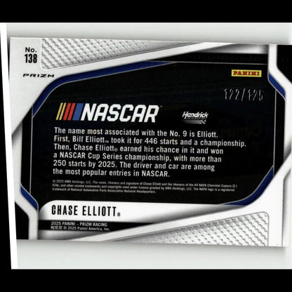 Black and silver chase elliott orange wave panini prizm trading card with textured metallic finish and blue accents