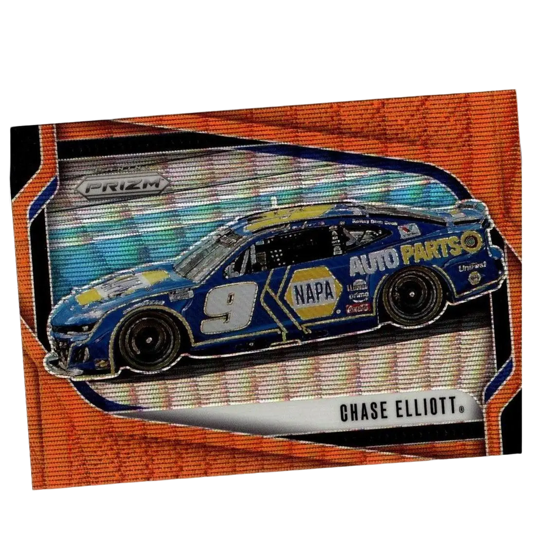 2025 panini prizm chase elliott orange wave card featuring blue and yellow napa auto parts nascar car with glossy finish